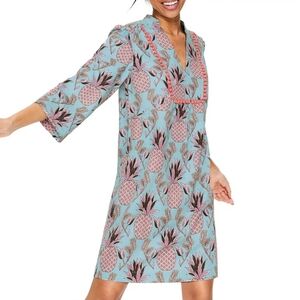 Boden Blue Novelty Pineapple Evangeline Linen Boho Tunic Shift Dress 6 Petite